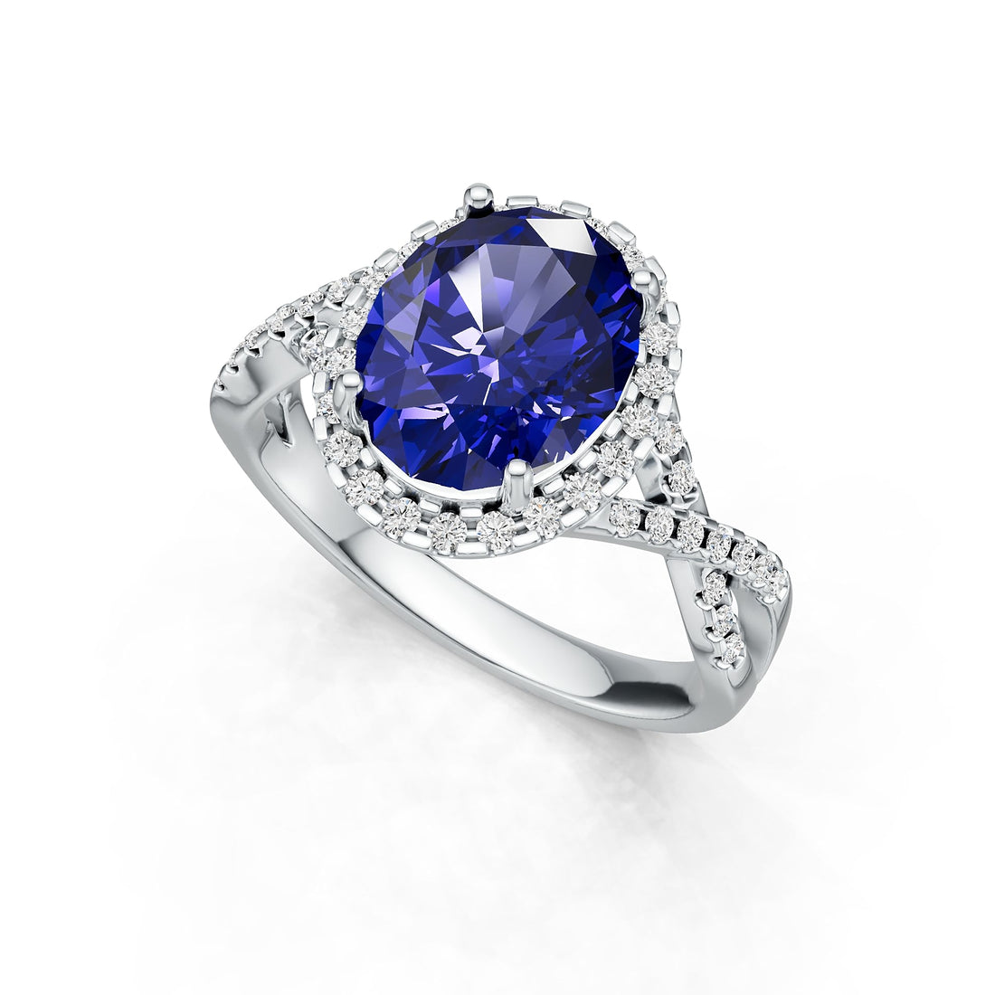 Criss-Cross Halo Infinity Oval Tanzanite Ring with Diamond Accents