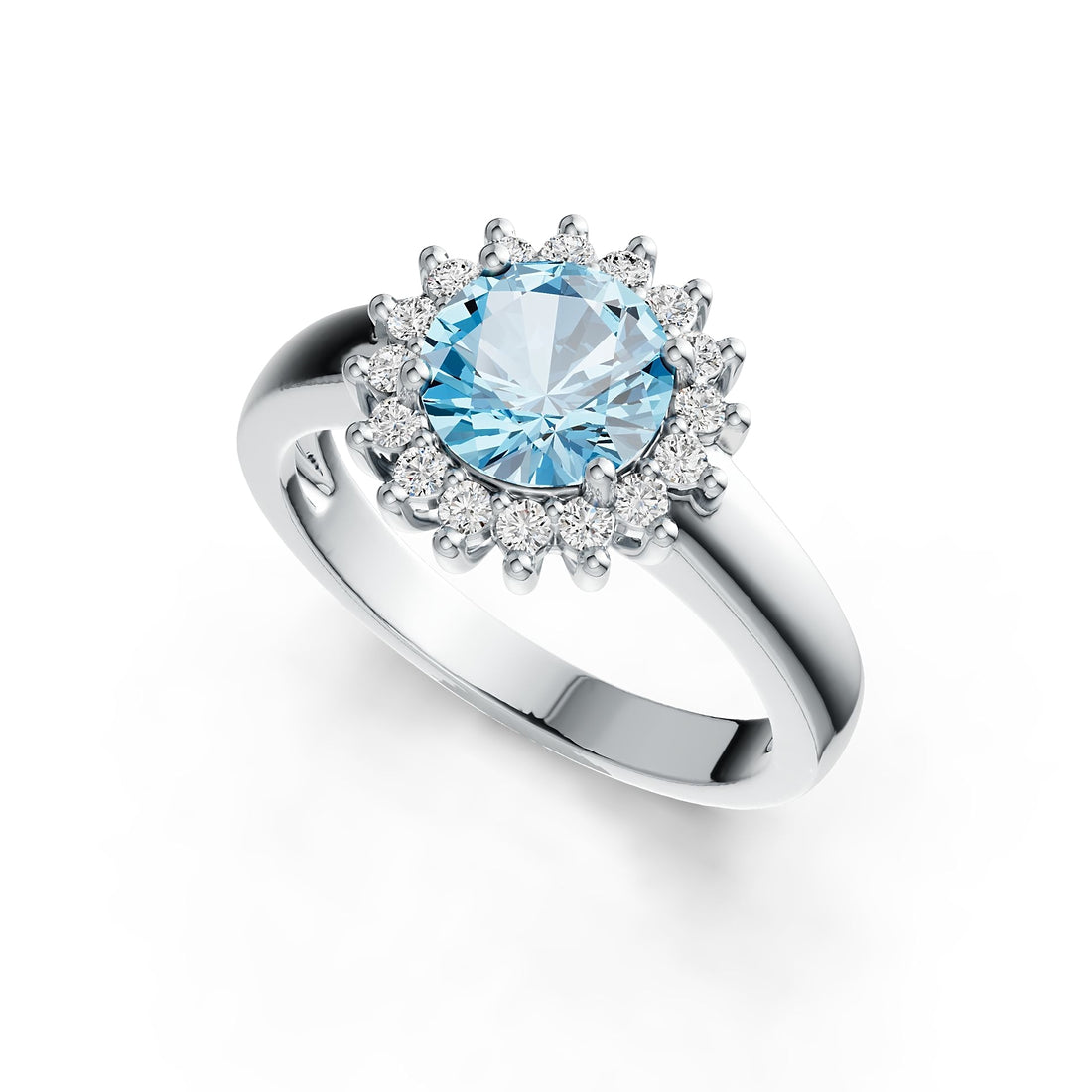 Diana Halo Round Aquamarine & Diamond Ring in 14K Gold with Infinity Shank