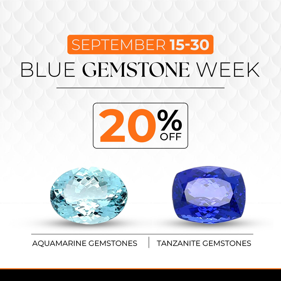 Advertisement for Blue Gemstone Week with aquamarine and tanzanite gemstones and a discount offer.