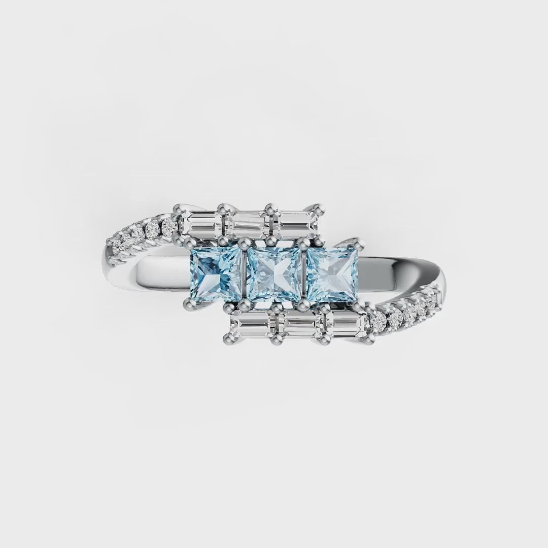 14K Gold Aquamarine & Diamond Ring – Princess Cut Trio with Baguette