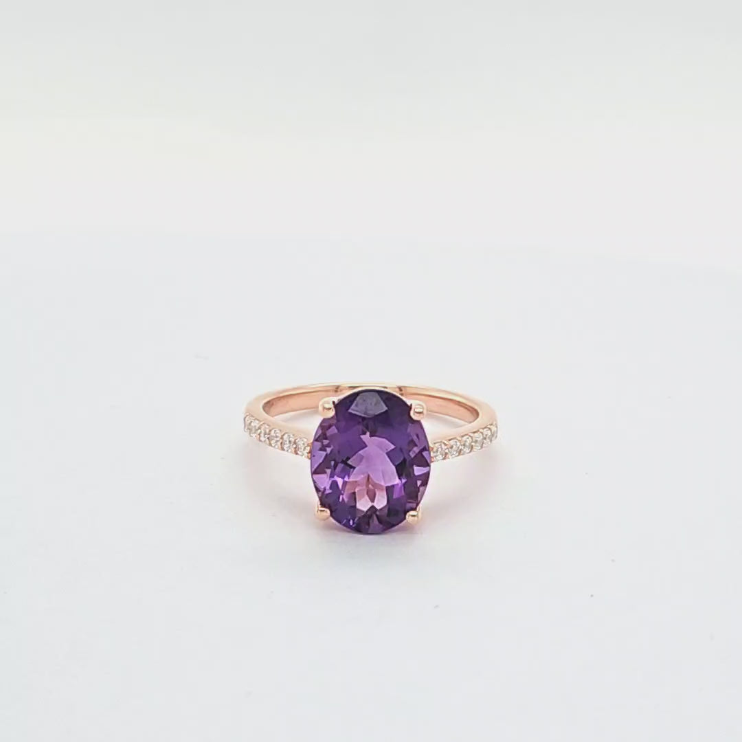 Oval Amethyst Halo Ring: A Stunning 11x9mm Gemstone with 18K Rose Gold Plating (PJC31649R)