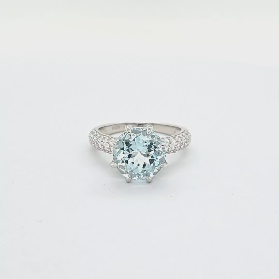 Round Aquamarine and Round White CZ Rhodium Plated 925 Sterling Silver 4.32 Cts / 2.06 Gm Ring For Women's PJC28804R