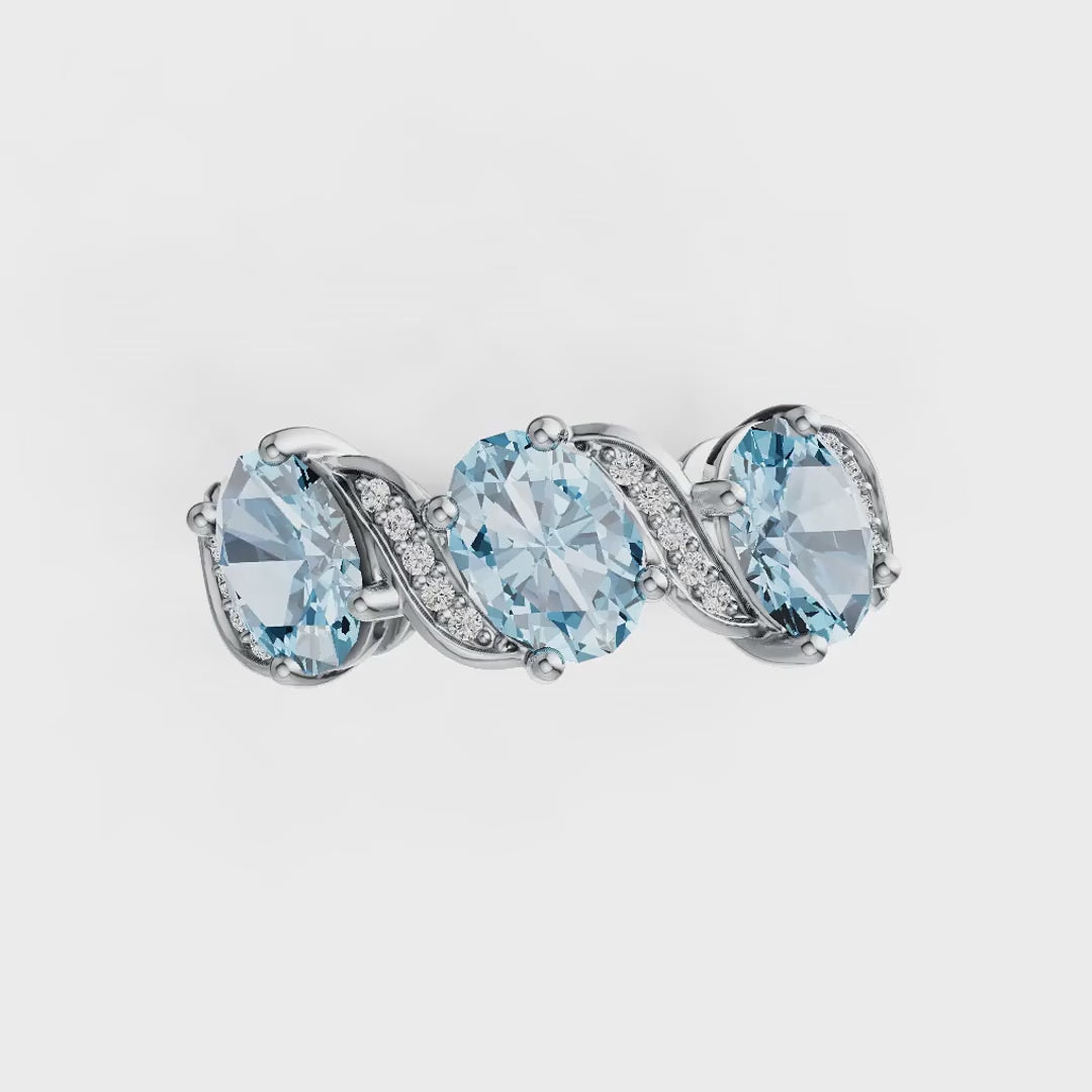 Triple Aquamarine & Diamond Ring in 14K Gold (Oval Cut, 2.1 Ct Total)