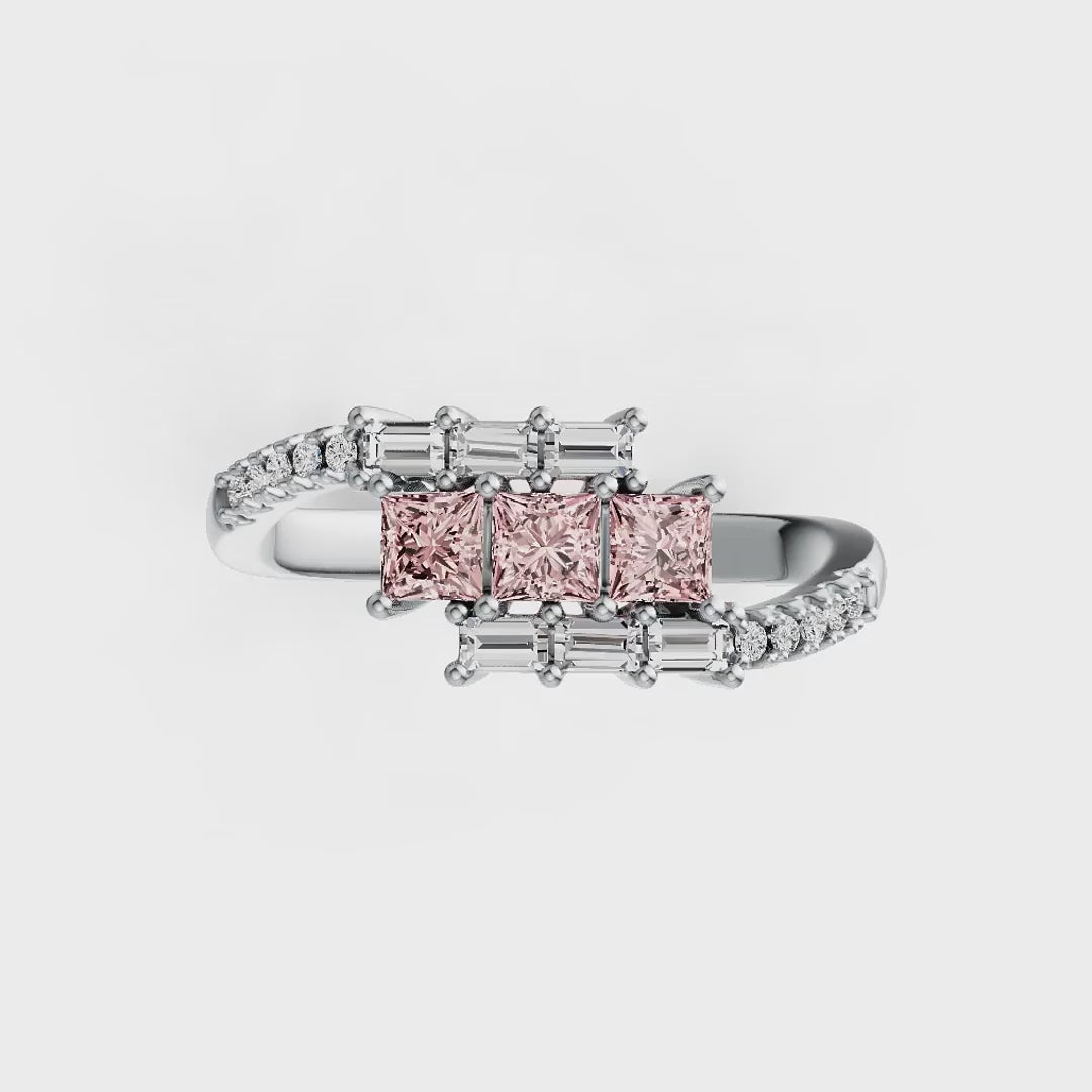 14K Gold Pink Morganite & Diamond Ring (Princess Cut Trio Design)