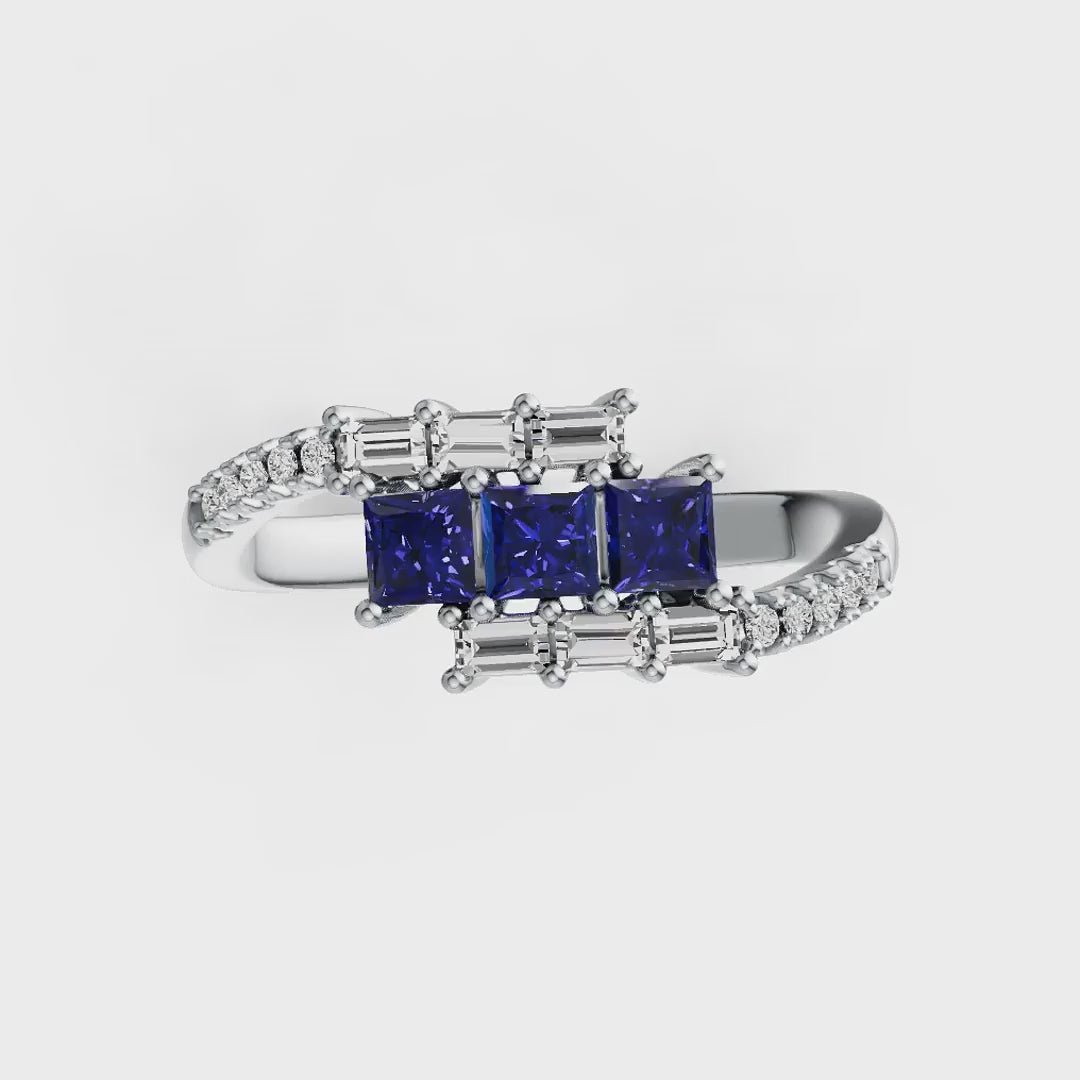 14K Gold Tanzanite & Diamond Ring with Princess-Cut Center Stones