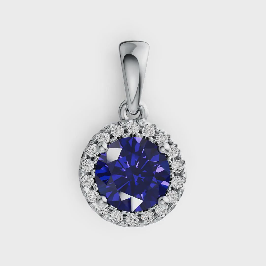 Classic Halo Round Tanzanite Diamond Pendant in 14K Gold