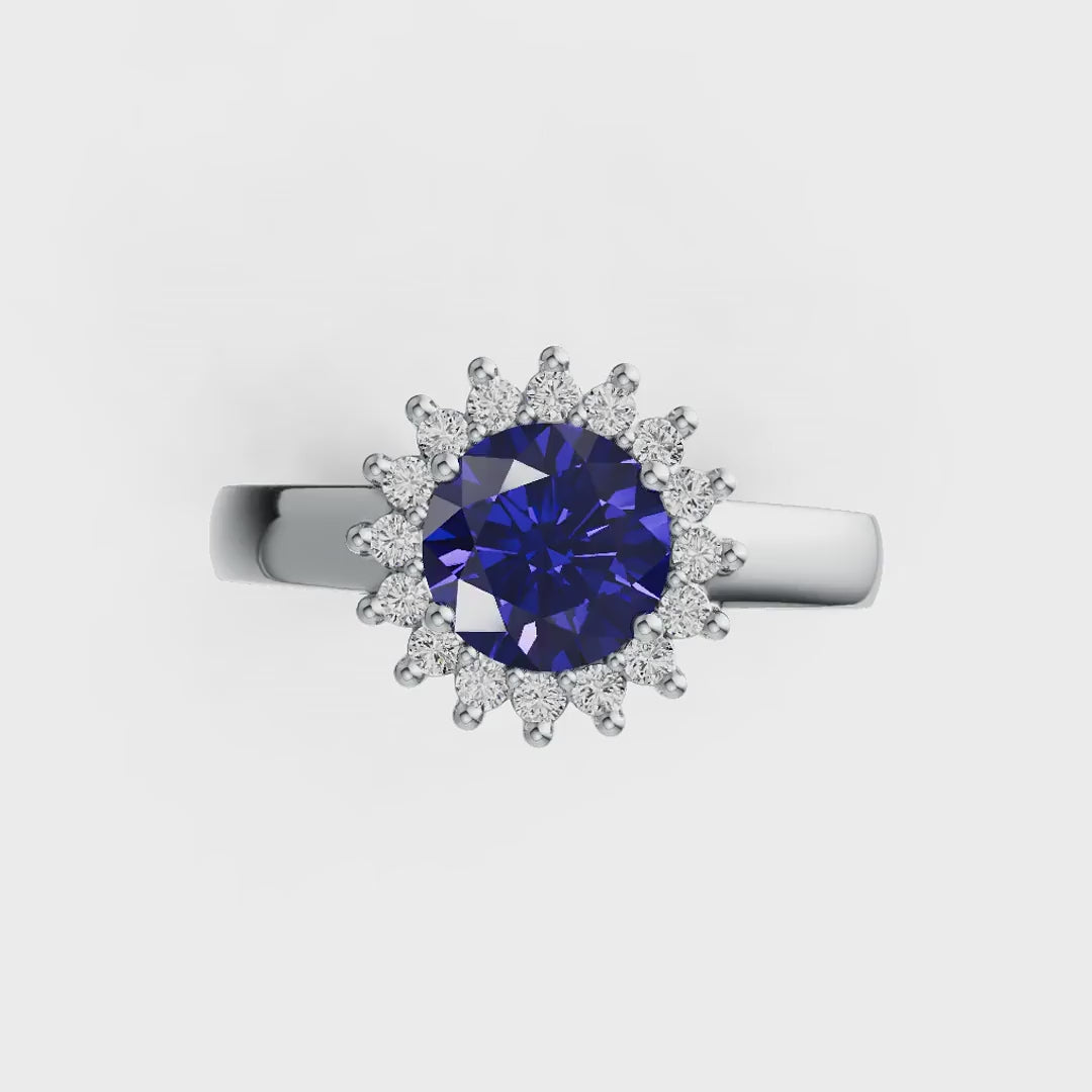 Diana Halo 7mm Round Tanzanite Ring in 14K Gold
