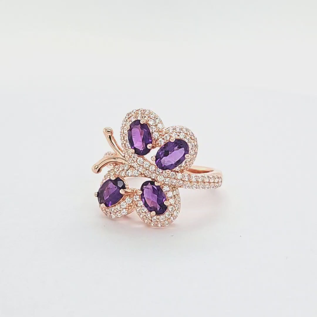 925 Sterling Silver Butterfly Amethyst Ring: 2.44ct, Oval Cut, 18K Rose Gold Plated (PJC3015R)