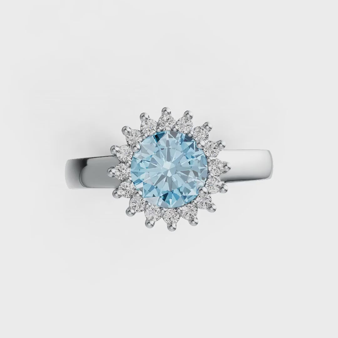 Diana Halo Round Aquamarine & Diamond Ring in 14K Gold with Infinity Shank