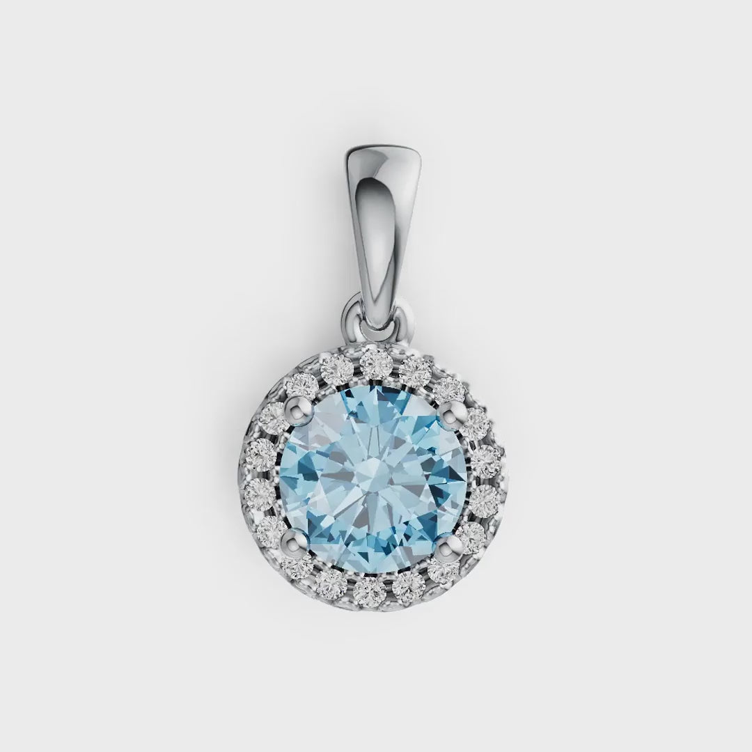 Classic Halo Round Aquamarine Pendant with Diamond Accents in 14K Gold