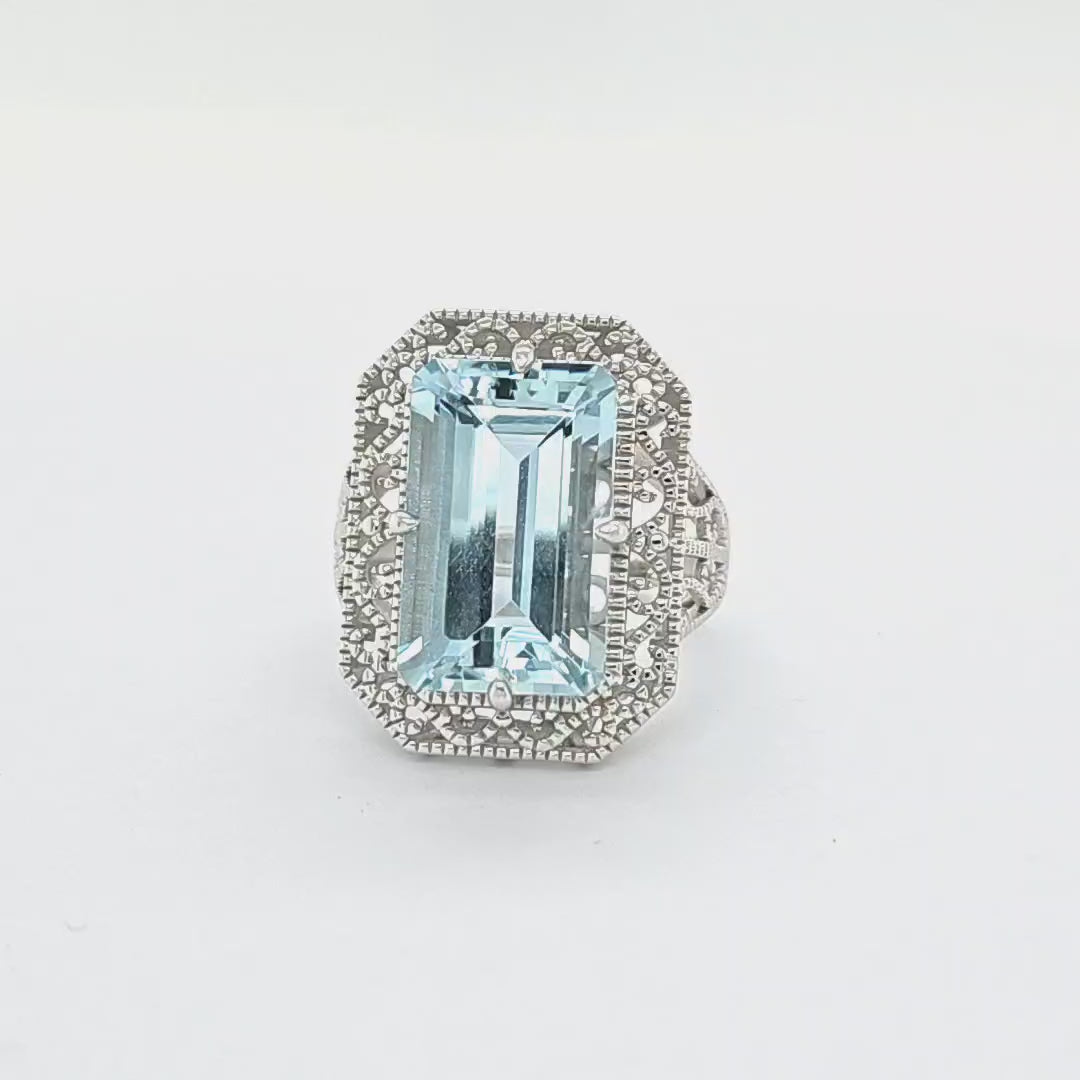 Art Deco Light Blue Aquamarine Solitaire Ring in Sterling Silver