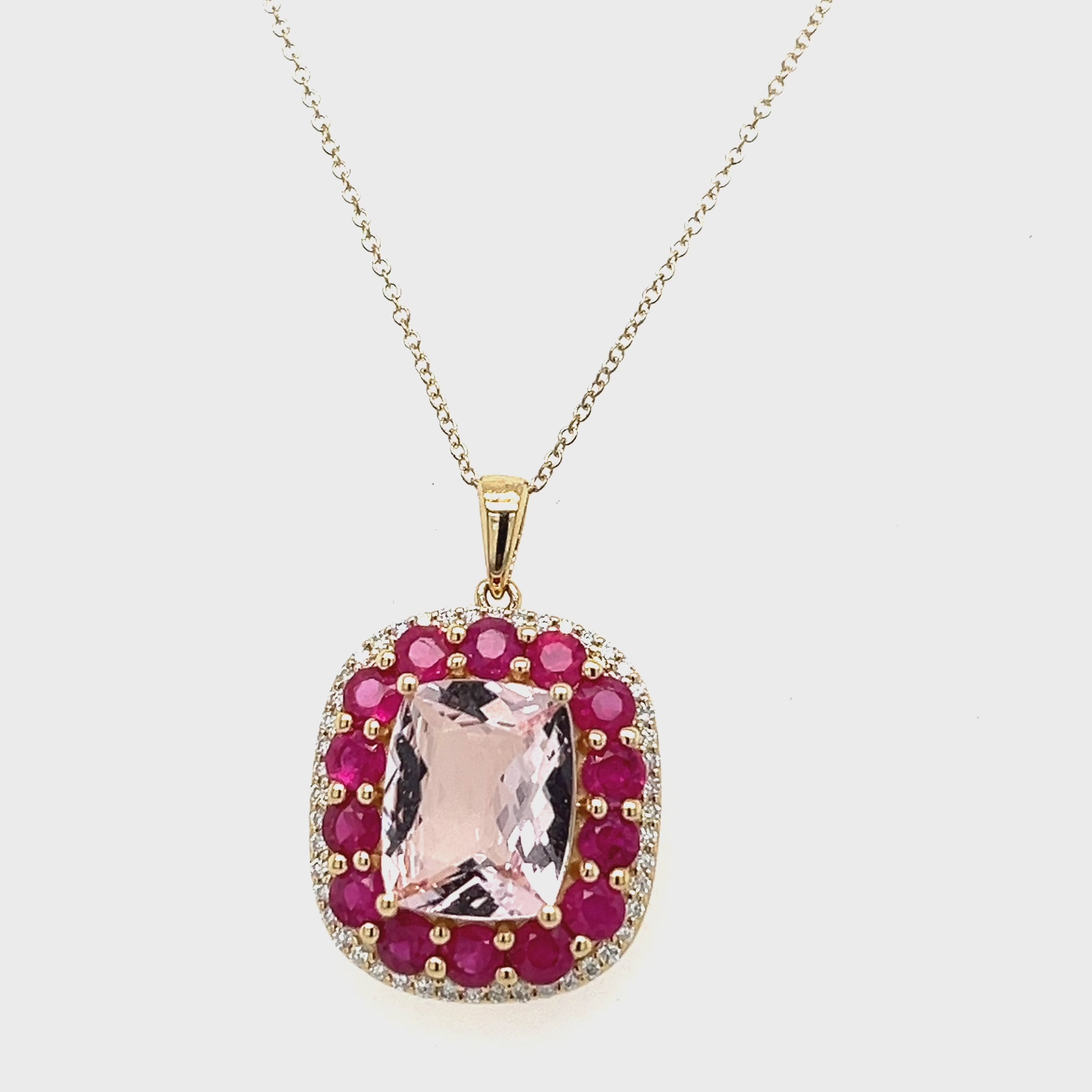 14K Yellow Gold Necklace with Cushion-Cut Aqua Stone – 3.2 Carats with Pink Morganite Plating (PJC34163P)