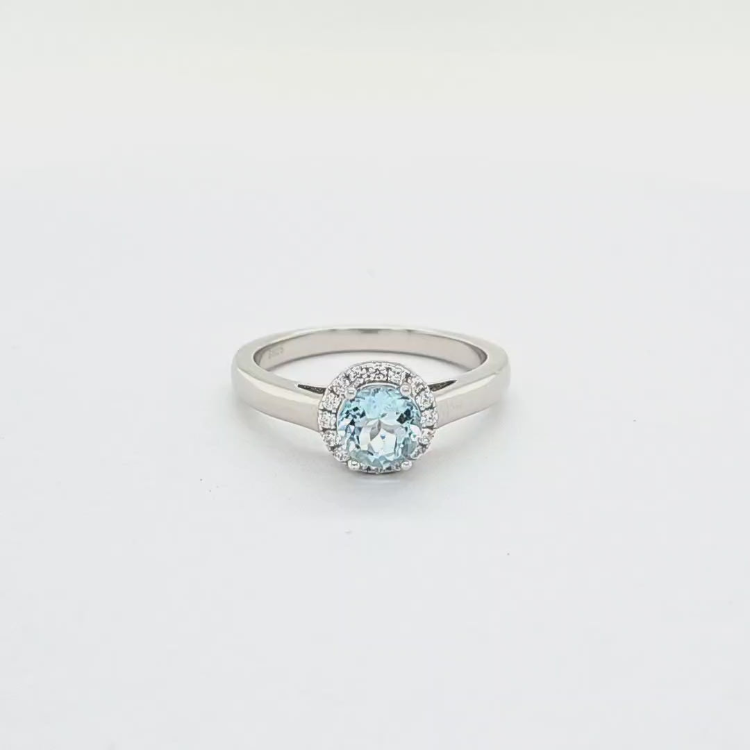 Round Cut Natural Aquamarine Engagement Ring In Sterling Silver
